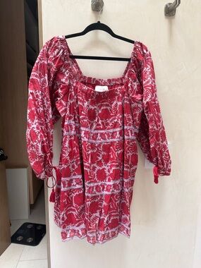 Red Floral Off Shoulder Dress with Tassel Ties